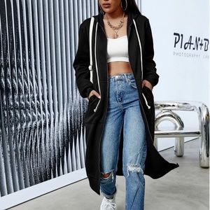 Zip Up Drawstring Long Hoodie